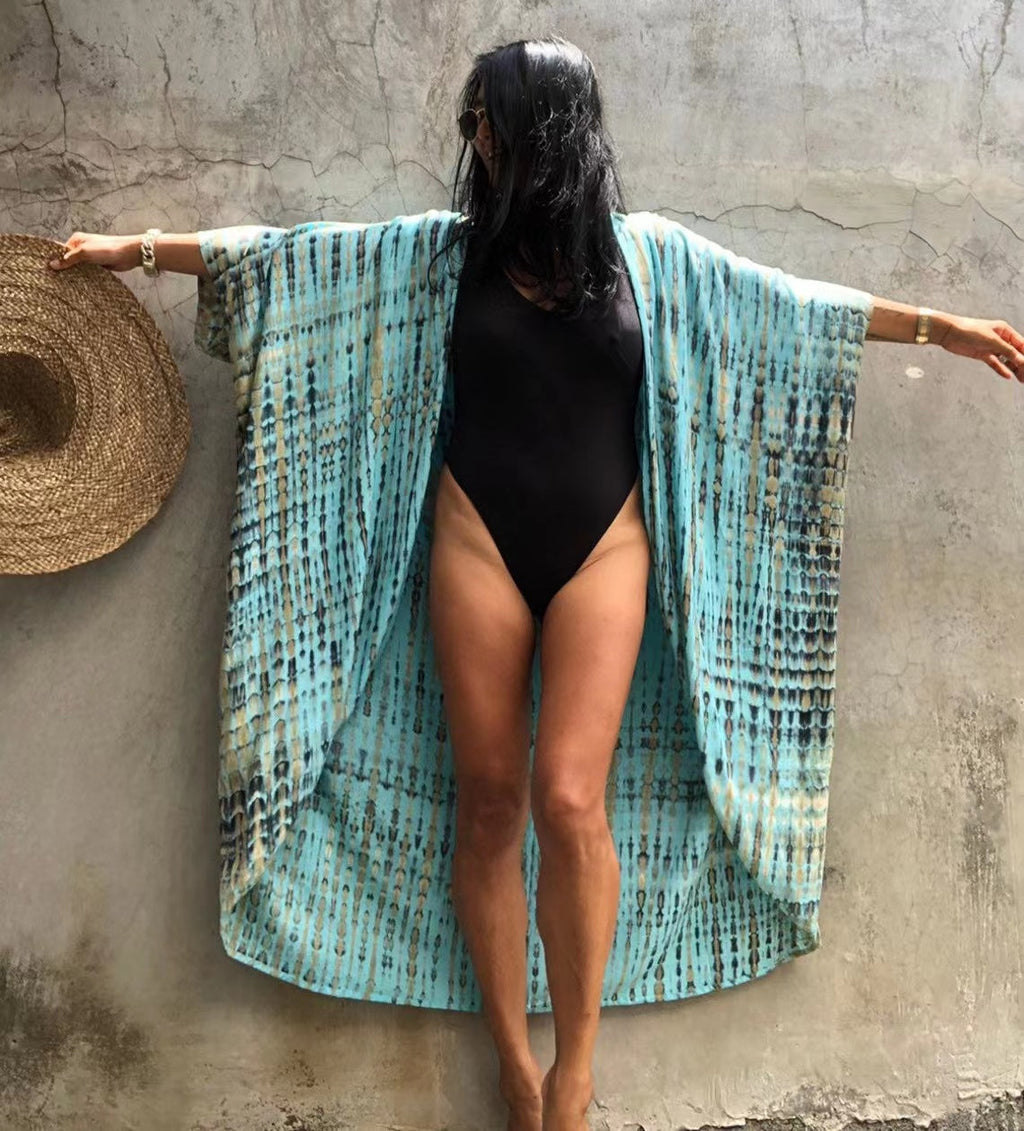 2024 New Summer Sexy Beach Kimono Swimwear Cotton Cover Up Swimsuit Women Print Bikini Cover Up Beachwear Dress Robe