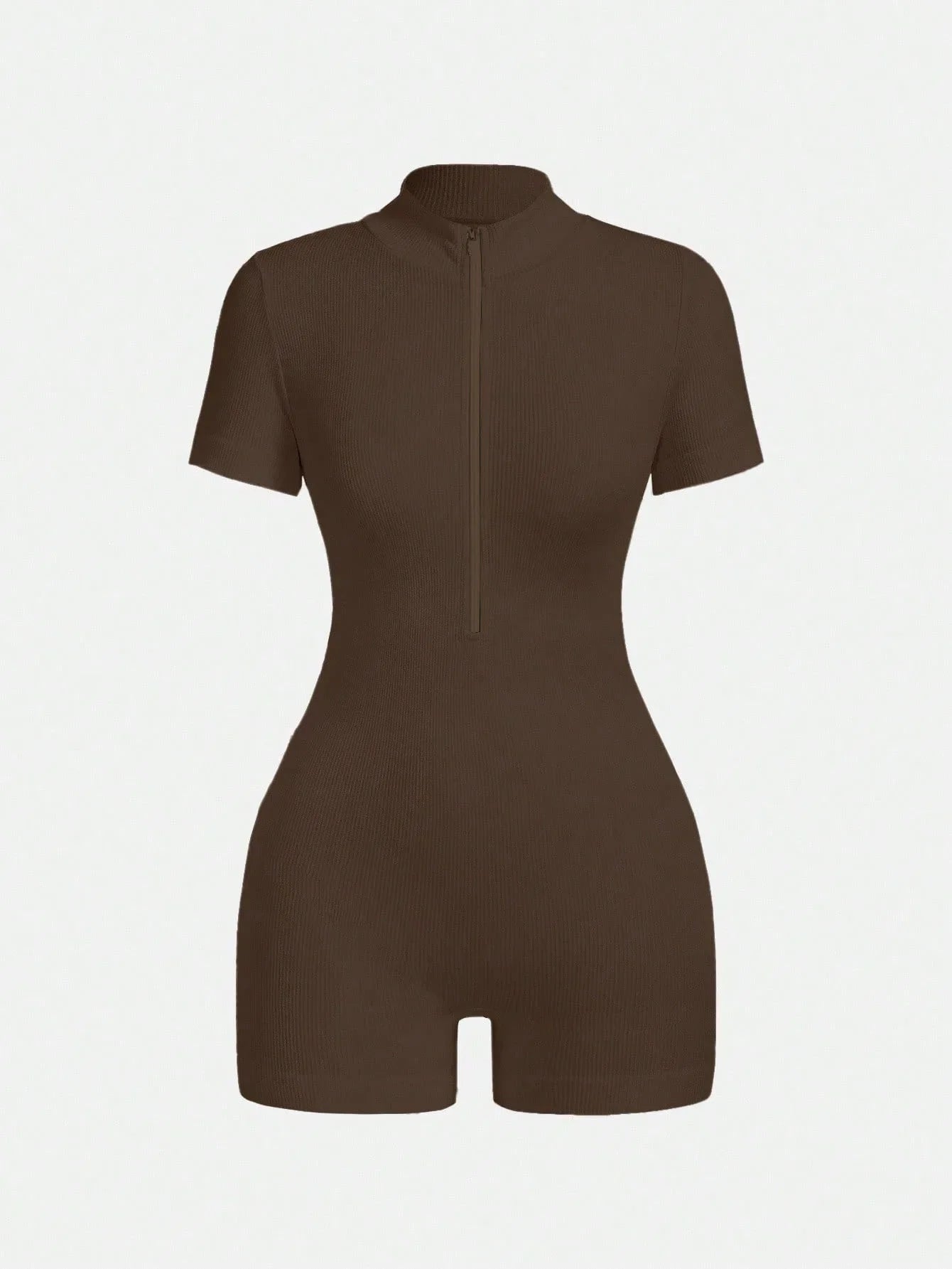 Women's Solid Color Half Zip Ribbed Knit Short Sleeve Romper Sports Soft Slim Fit Mock Neck Jumpsuit Streetwear 2025 Summer
