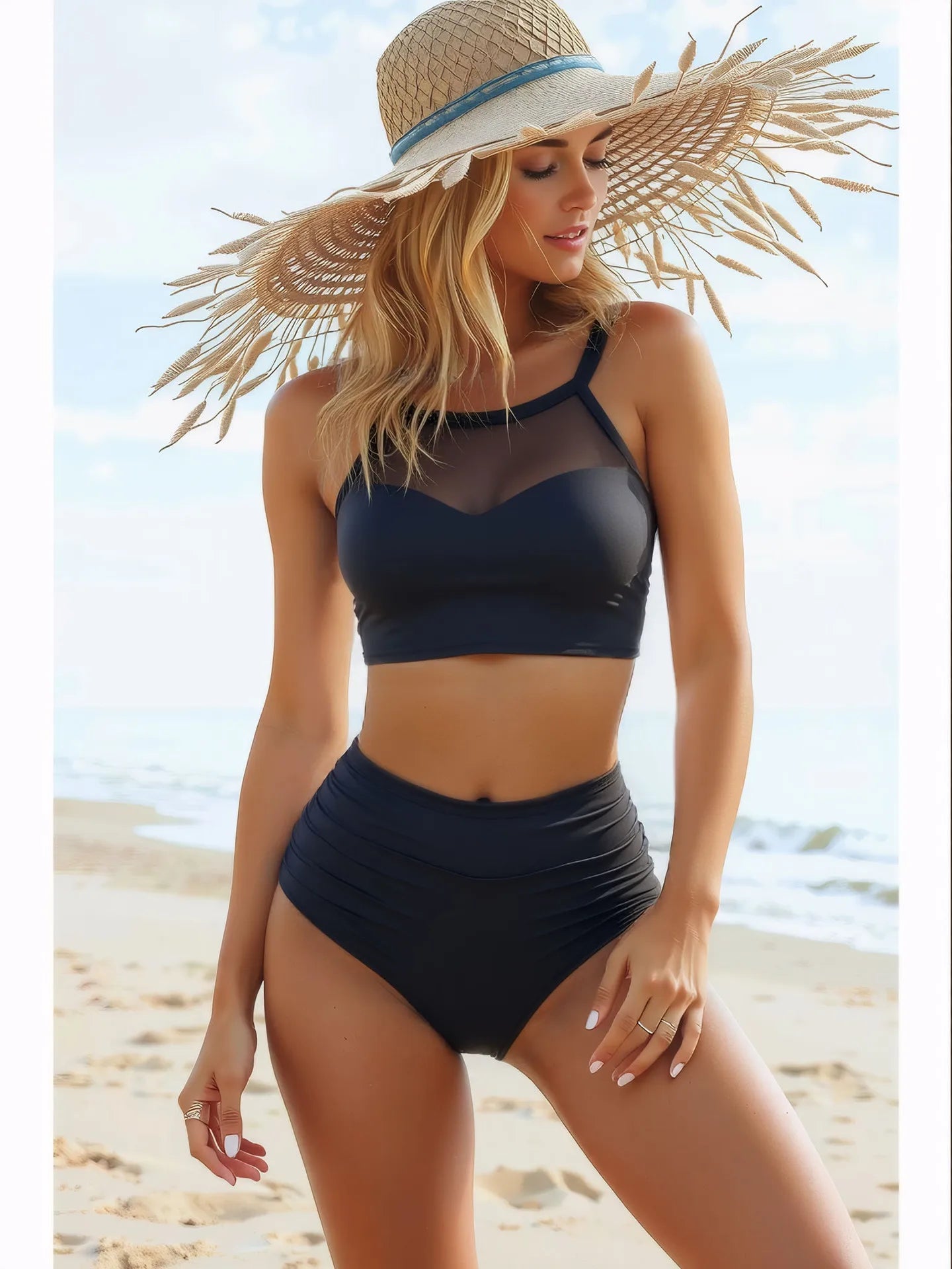 2026 Sexy Strappy Bikini High Waist Swimsuit Women Black Mesh Swimwear Female Bathers Bathing Swimming Suit Padded Beachwear