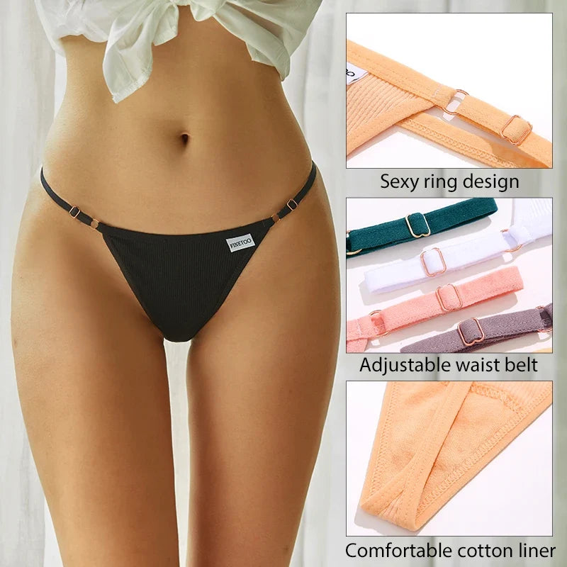 3PCS Women's Panties Cotton Thongs Adjustable Waist Sexy G-String Solid Color Seamless Intimate Female Underpants Lingerie S-XL