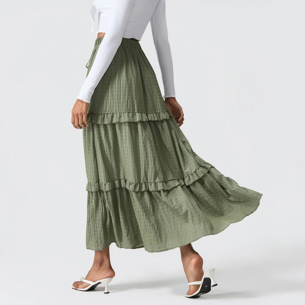 Elegant Women Long Tiered Skirt Summer Autumn Casual Ruffled Shirred Frill Trim Elastic Waist Drawstring A-Line Skirt Streetwear