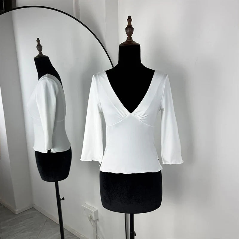 Trendix V Neck Slim Long Sleeve Tops Women 2026 Spring Casual Vintage Bodycon Pullover Top Party Retro Office Basic Backless Top