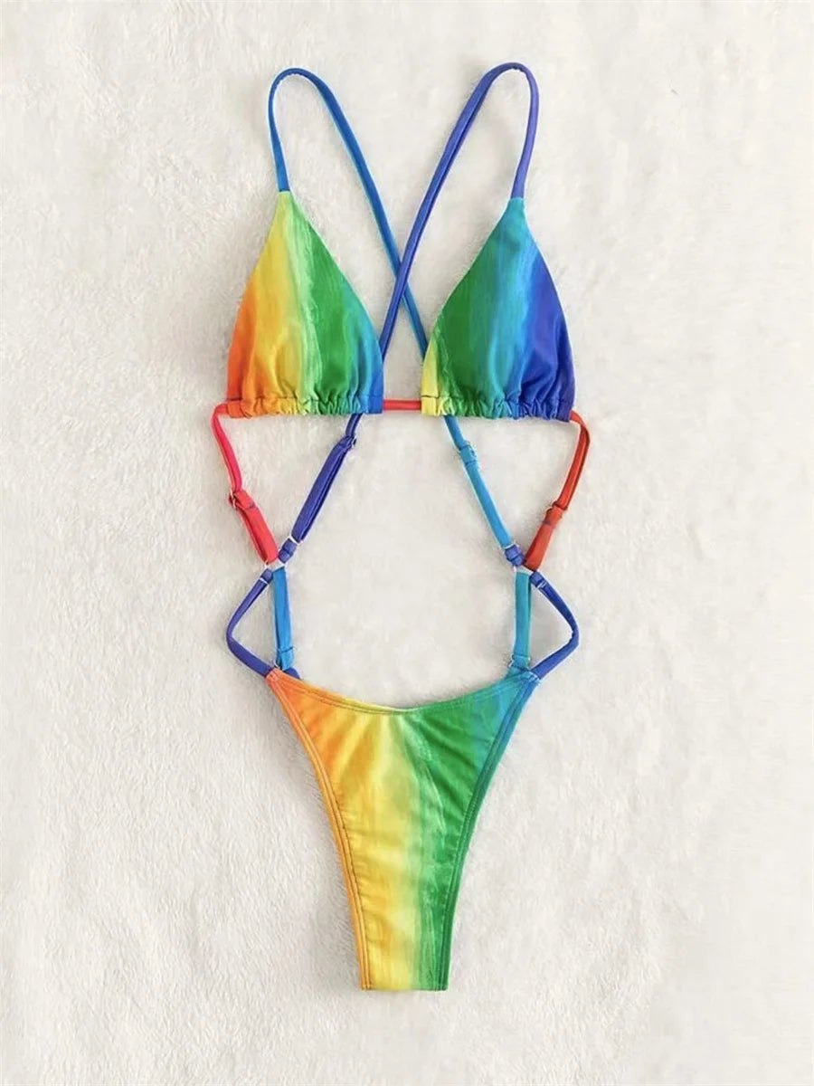 Sexy Gradient Color One Piece Swimsuit 2025 Striped Patchwork Push Up Micro Bikini Beach Cut Out Bathing Suit Trikini Swimwear