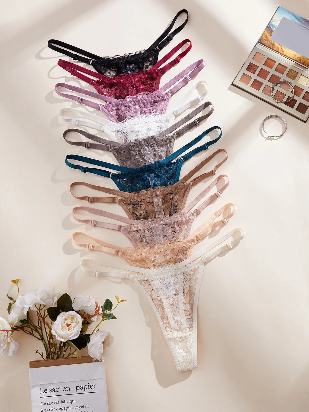 10Pcs/Set Lace Women Panties Low-Waist Sexy Hollow Out G-String Elastic Adjustable Waistband Sexy Lingerie Women's Underwear