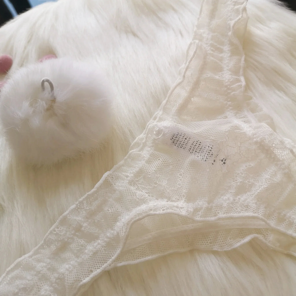 Sexy Panties Cute Rabbit Tail Women's Thong Lace Briefs Transparent Underwear Comfort Breathable Low Rise G string Underpants