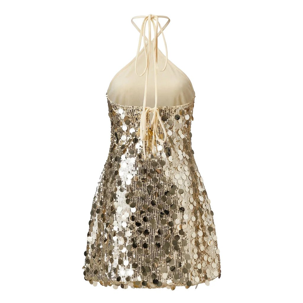 Women Halter Dress Sparkly Sequin Mini Dresses Clubwear Party Date Outfits Sexy Bodycon Dress Sexy Sleeveless Backless Dress