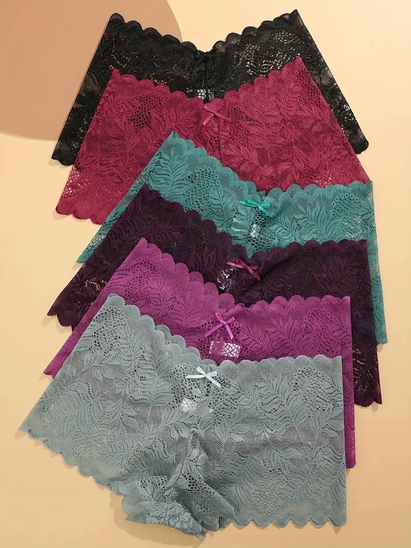 6PCS Women Lace Boxers Briefs Sexy Seamless Breathable Low Waist Female Underwear Solid Color Intimates High Elastic Lingerie