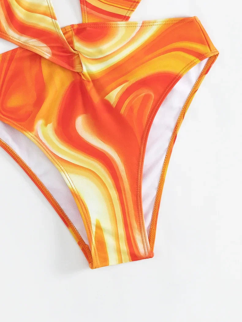Orange Tie Dye Gradient One Piece Swimsuit 2025 Women Hollow Out Underwire Backless Monokini Beach Bathing Suit Band Swimwear