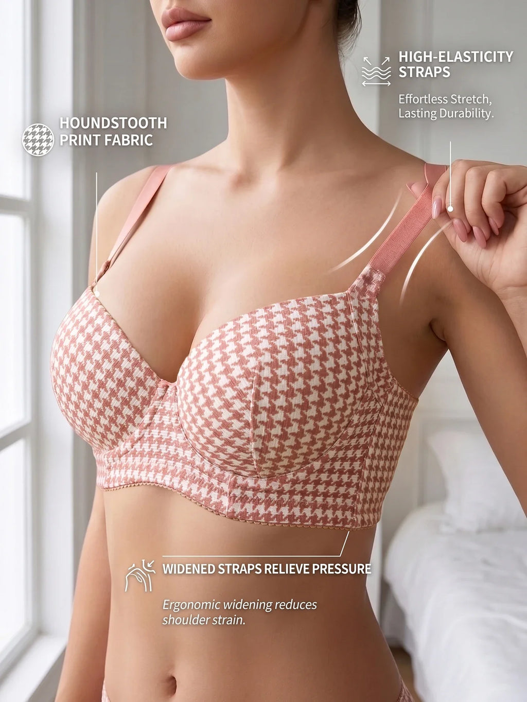 Women's Plaid Push-Up Bra Wide Straps Seamless Smoothing Underwear Underwire Side Support Adjustable Bra for Daily Wear