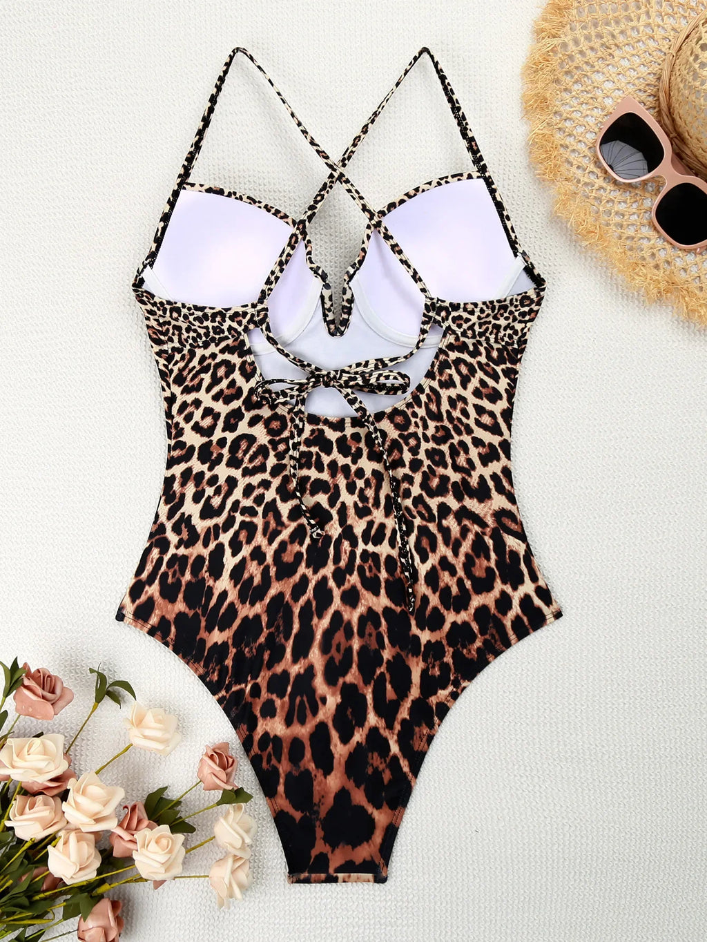Sexy Brown Leopard Print One Piece Swimsuit 2025 Women Bandage Cross Backless Slim Tummy Control Swimwear Beach Bathing Suits