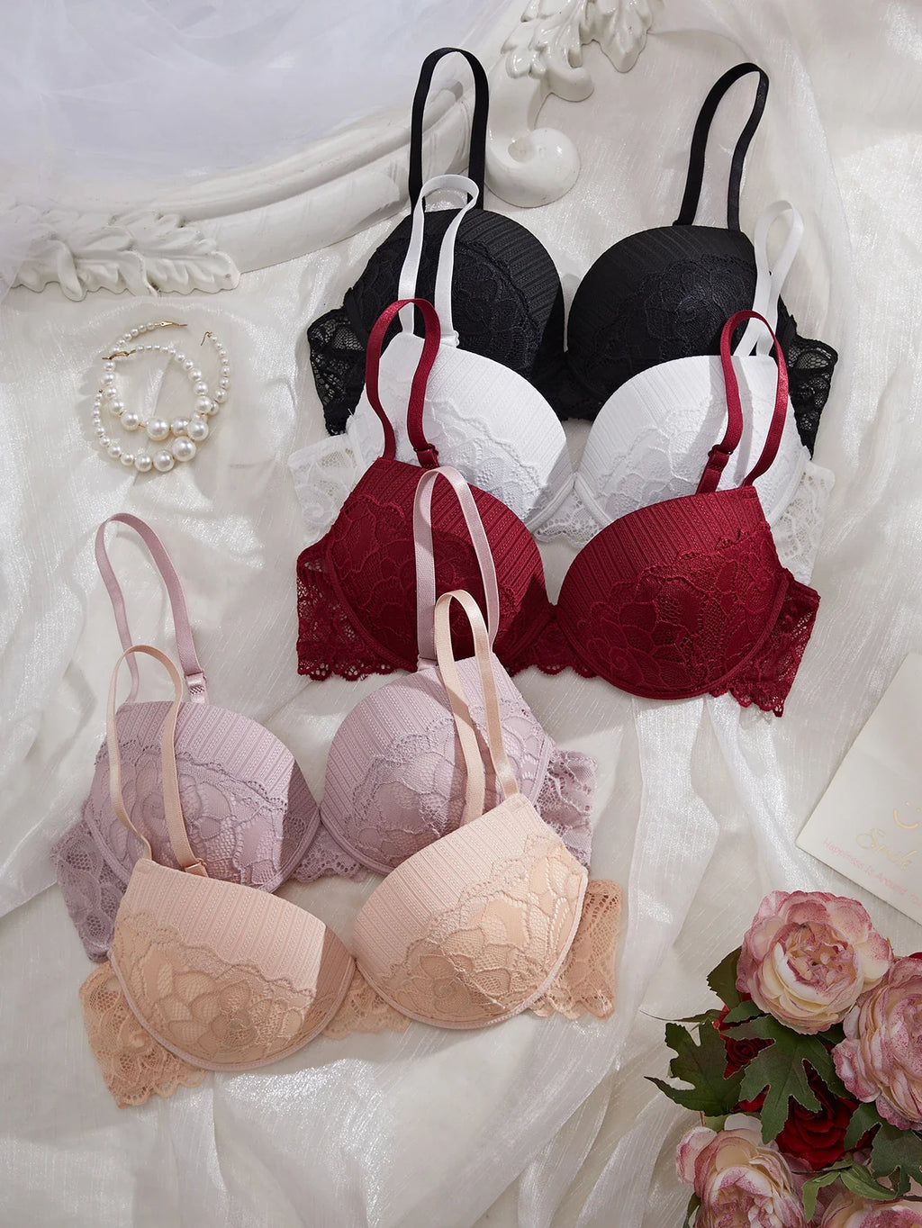 3Pcs-5Pcs Women's Bra with Patterned Engraved Cups, Sexy Lace Minimizer Bra, Underwire Push-Up Fashionable Women's Intimate Underwear