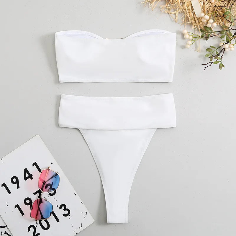 Luxury Metal Designer High Waist Bikinis Sets Women Solid White Black Bandeau Push Up Swimwear 2024 Bathing Suit Thong Swimsuit