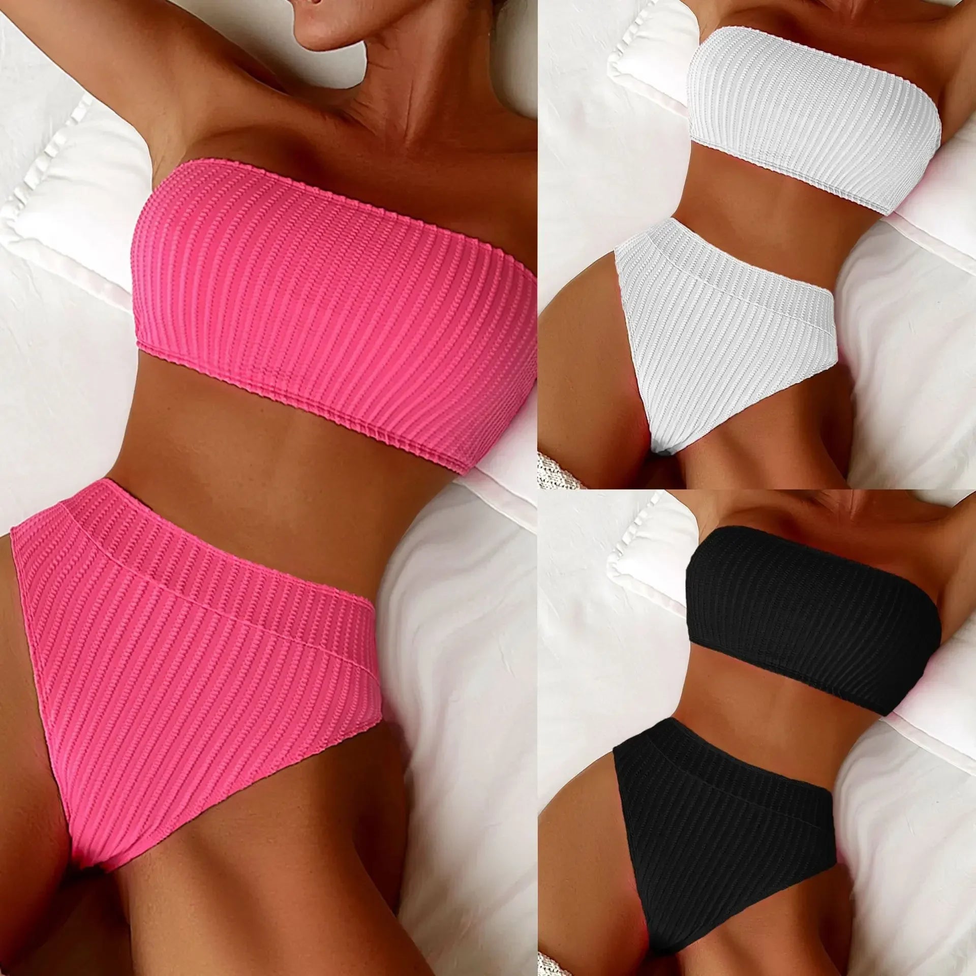 Sexy Bandeau Bikini Set 2025 Mujer Women White Black Ribbed Push Up Micro Swimsuit Summer Bathing Suit Beach High Waist Swimwear