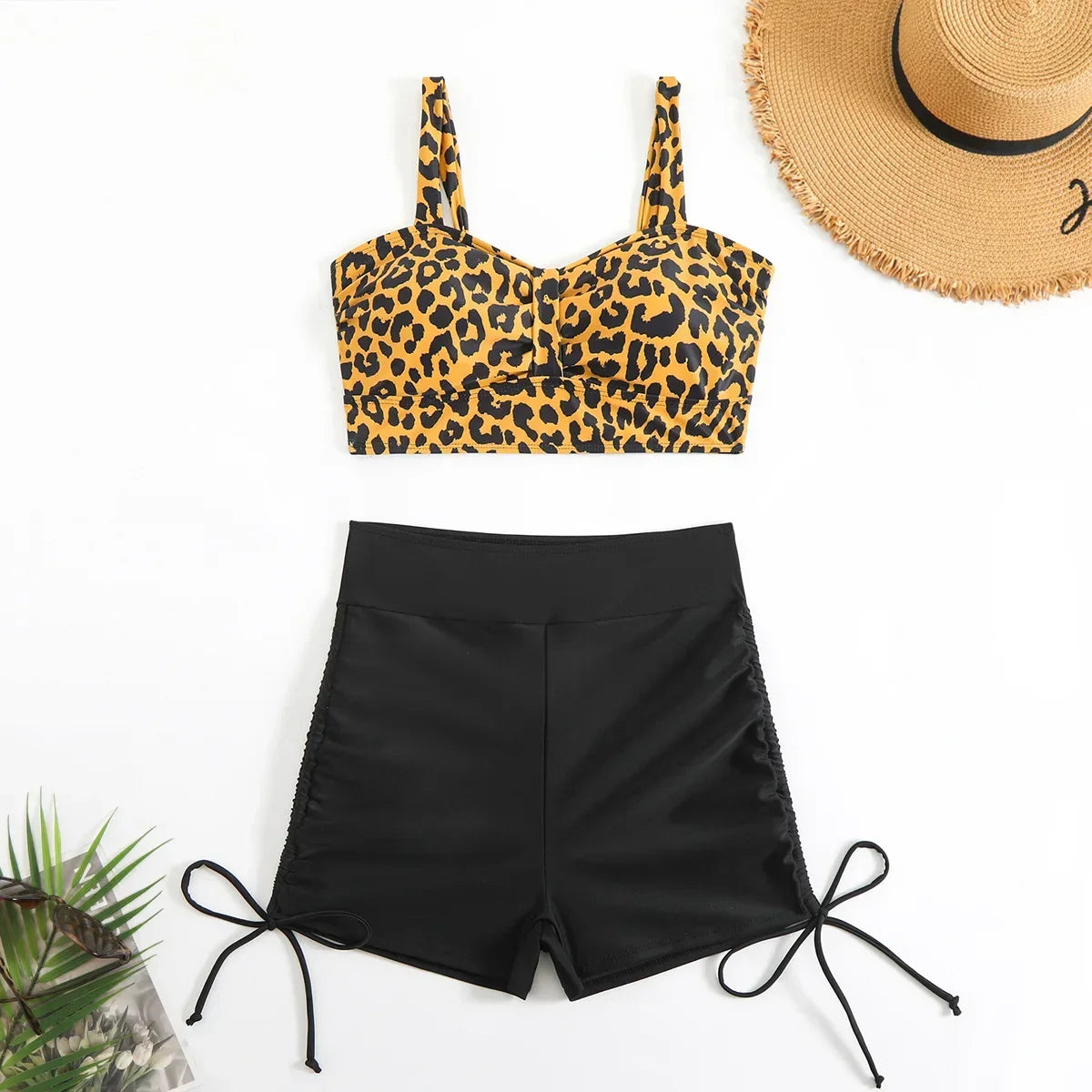 Vintage Black Leopard Print Bikini Set 2025 Women Drawstring Side High Waist Panties Swimsuit Bathing Suit Swimwear Beachwear