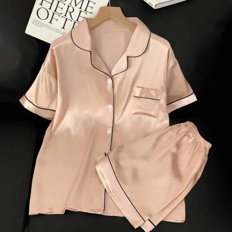 Sweet Simple Ice Silk Pajamas for Women  Thin Short-sleeved Home Clothes Suit Nightwear Women's Pajamas Set Nightie Summer