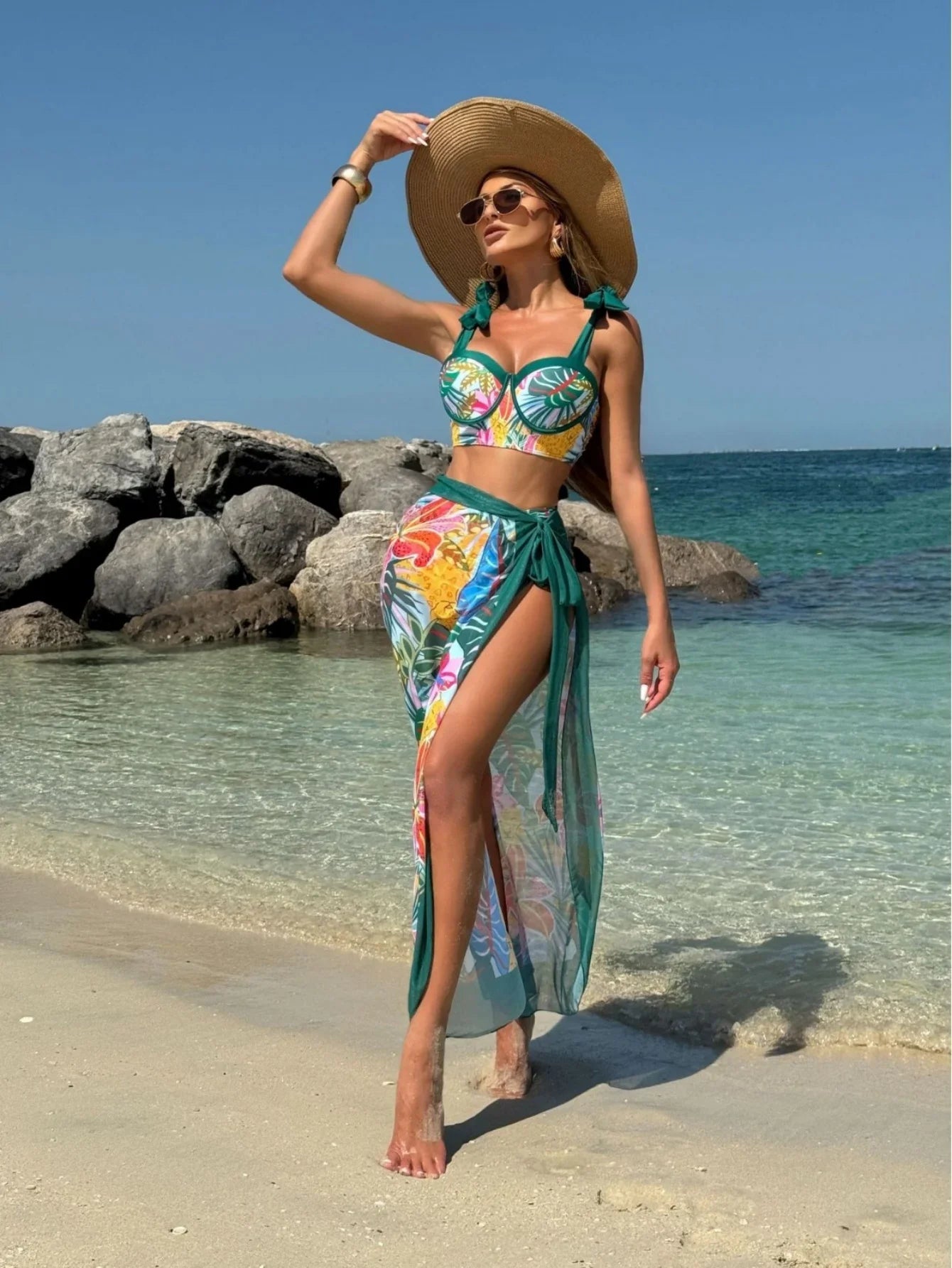 Vintage Green Leaves Print Bikini Set 2026 Women Tie Strap Push Up Underwire Long Skirt 3 Piece Swimsuit Bathing Suit Swimwear