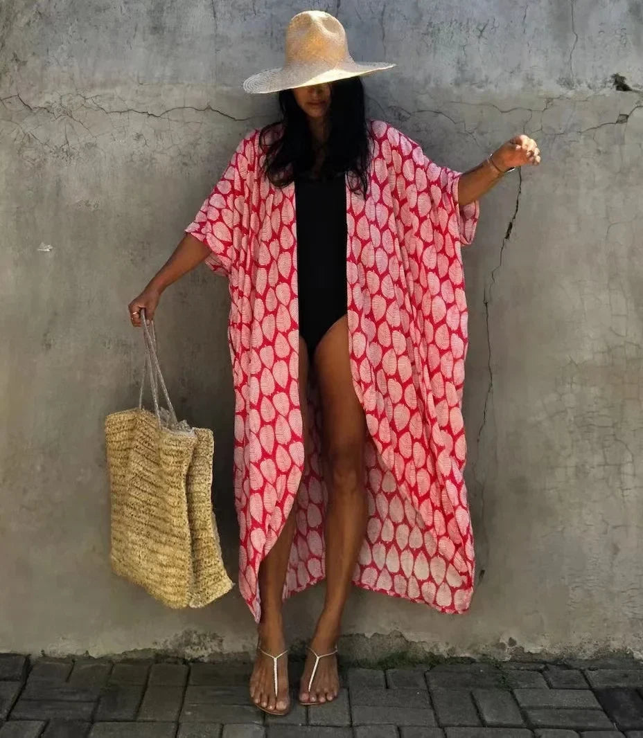 2024 New Summer Sexy Beach Kimono Swimwear Cotton Cover Up Swimsuit Women Print Bikini Cover Up Beachwear Dress Robe