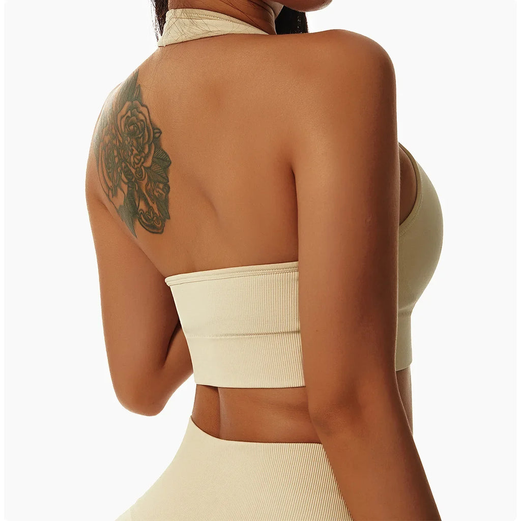 Sexy Halter Yoga Bra Gym Workout Push Up Running Sports Underwear Gathering Sports Vest Beautiful Back Fitness Top