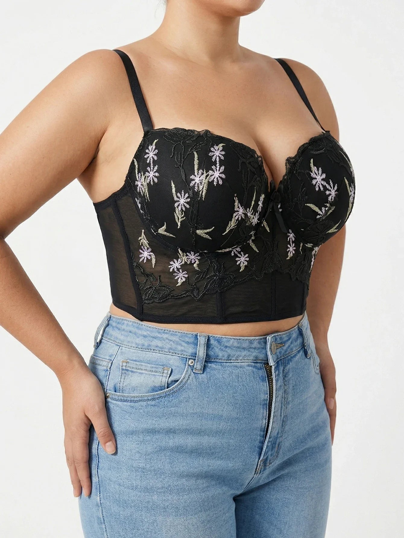 Plus Size Floral Embroidered Lace Bustier Bra – Push Up, Tummy Control & Non-Slip Corset Top