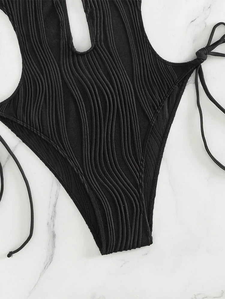 One Piece Swimsuit for Women 2024 Lace Patchwork Green Hollow Out Thong Swimwear Beach Bathing Suit Tie Side Backless Monokini