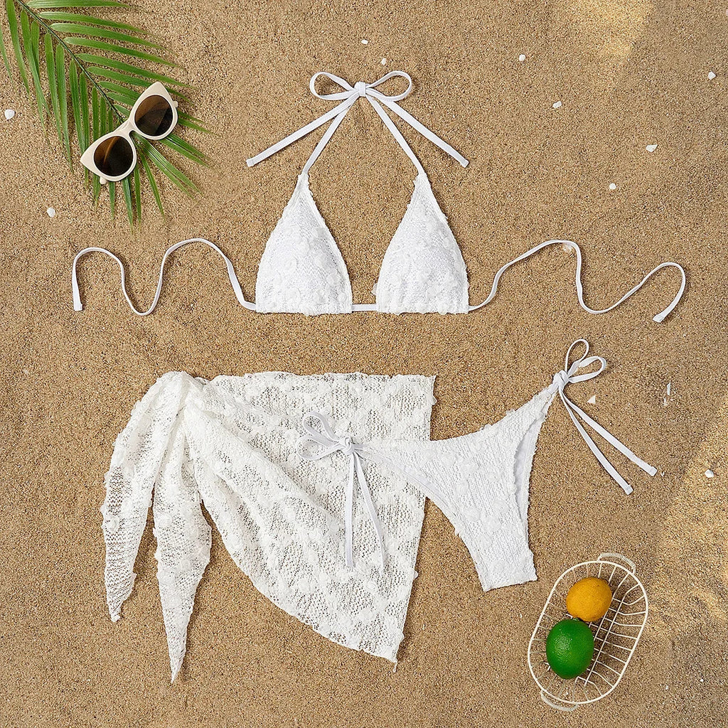 Sexy White Lace Cover Up Skirt 3 Piece Swimsuit Women Bandage Thong Bikini 2025 Summer Push Up Beach Bathing Suit Skirt Swimwear