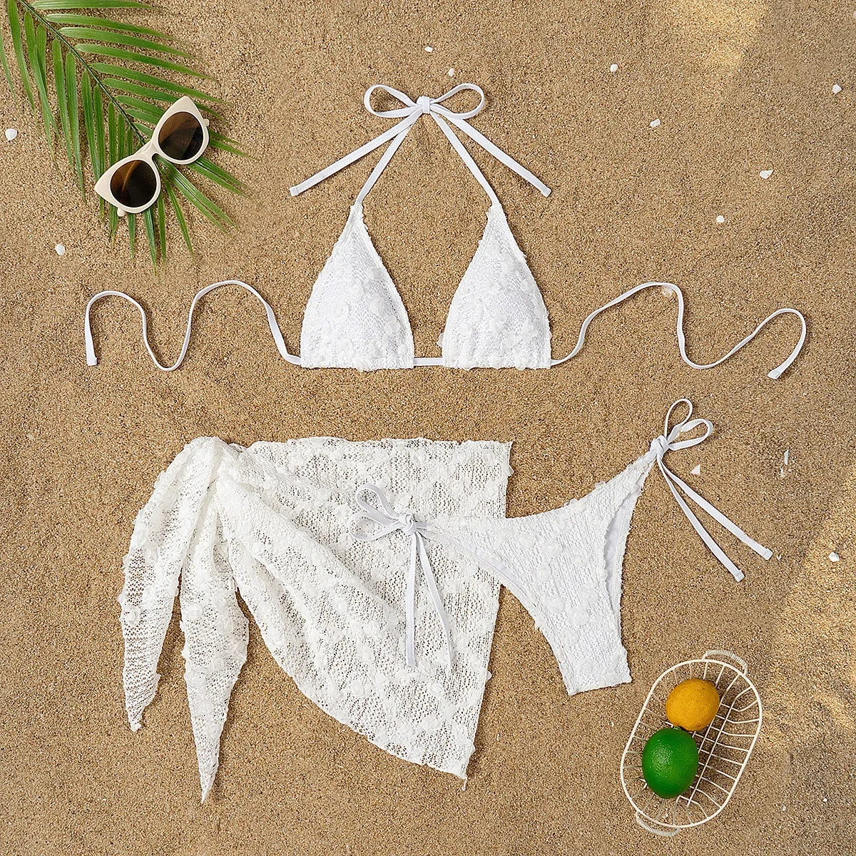 Sexy White Lace Cover Up Skirt 3 Piece Swimsuit Women Bandage Thong Bikini 2025 Summer Push Up Beach Bathing Suit Skirt Swimwear