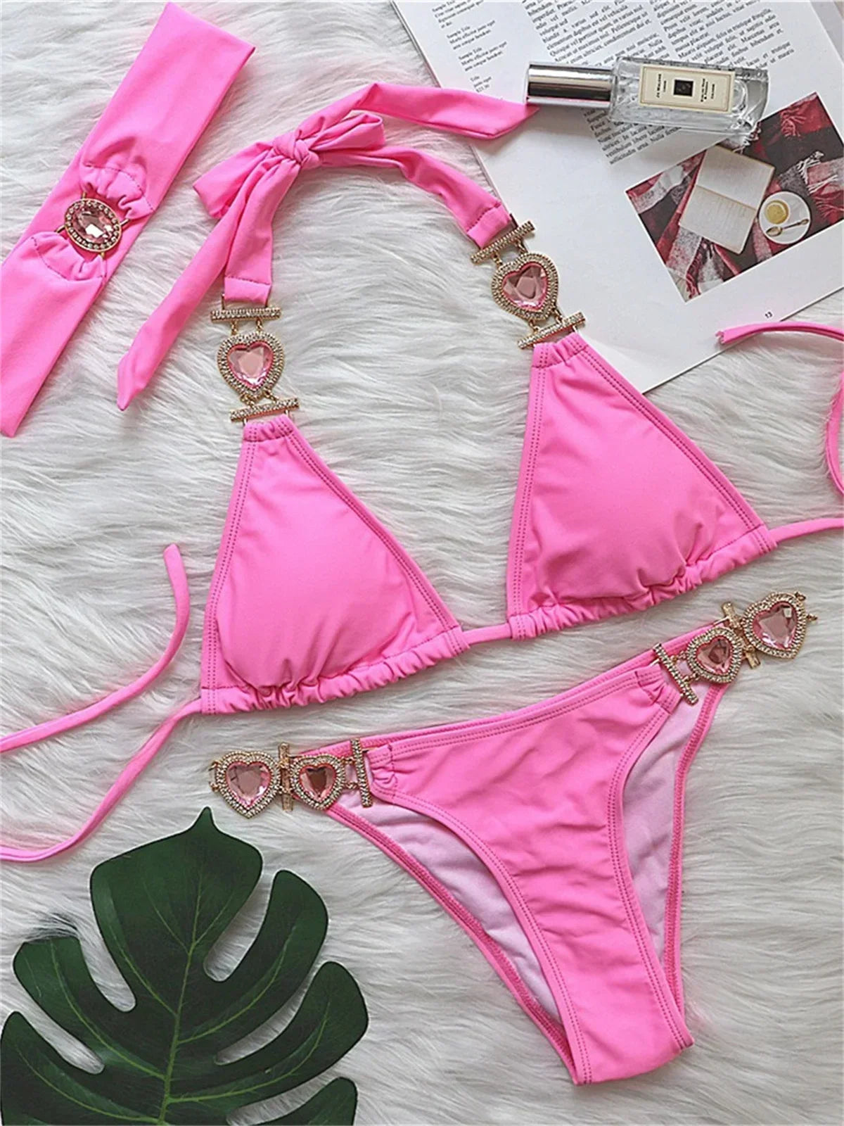 Sexy Rhinestones Bikini Set 2025 Women Red Pink Glitter Diamond Metal Chain Thong Swimwear Bathing Suit Band 3 Piece Swimsuit