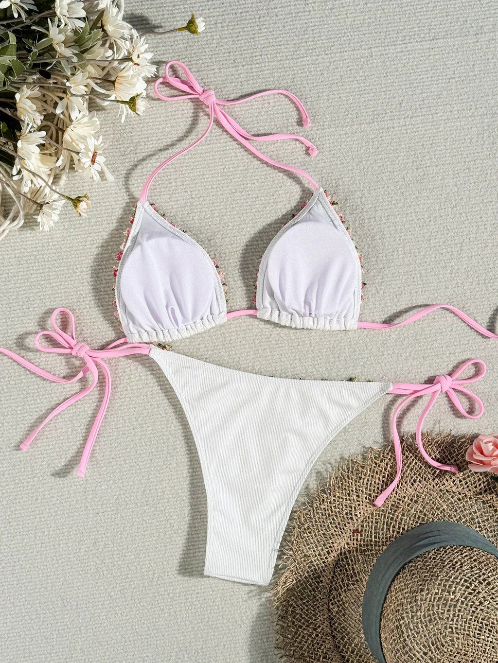 Sexy 3D Floral Bikini Set 2025 Women White Pink Contrast Push Up Bra Tie Side Thong Swimsuit Beach Bathing Suit Micro Swimwear