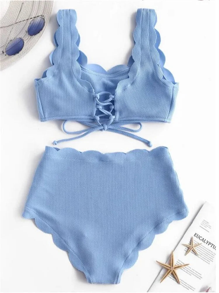 Solid Blue Two Pieces Swimsuit Bathing Suits Bikini Women Scalloped Textured High Waisted Bikini Set Lace Up Bathing Suits XXL