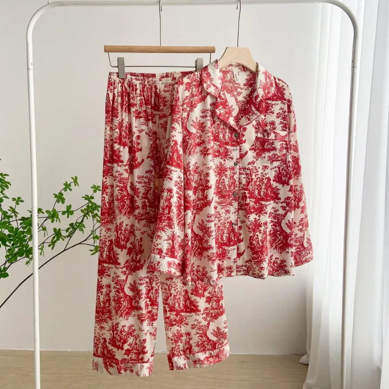 Ink Printed Ice and Snow Silk Pajama Set for Women Spring and Autumn Simple Small Lapel Long Sleeve Home Clothes Nightwear