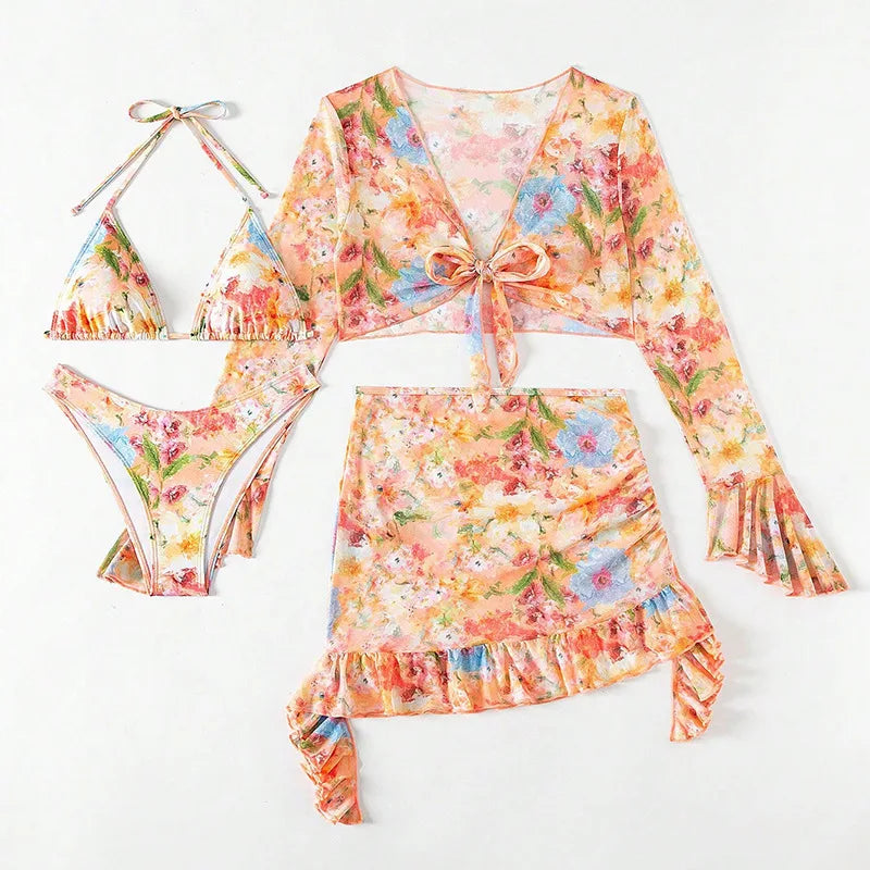 4 Piece Bikini Set Women Orange Floral Print Long Sleeve Mesh Cover Up Ruffle Skirt Swimsuit 2024 Sexy Bathing Suit Swimwear