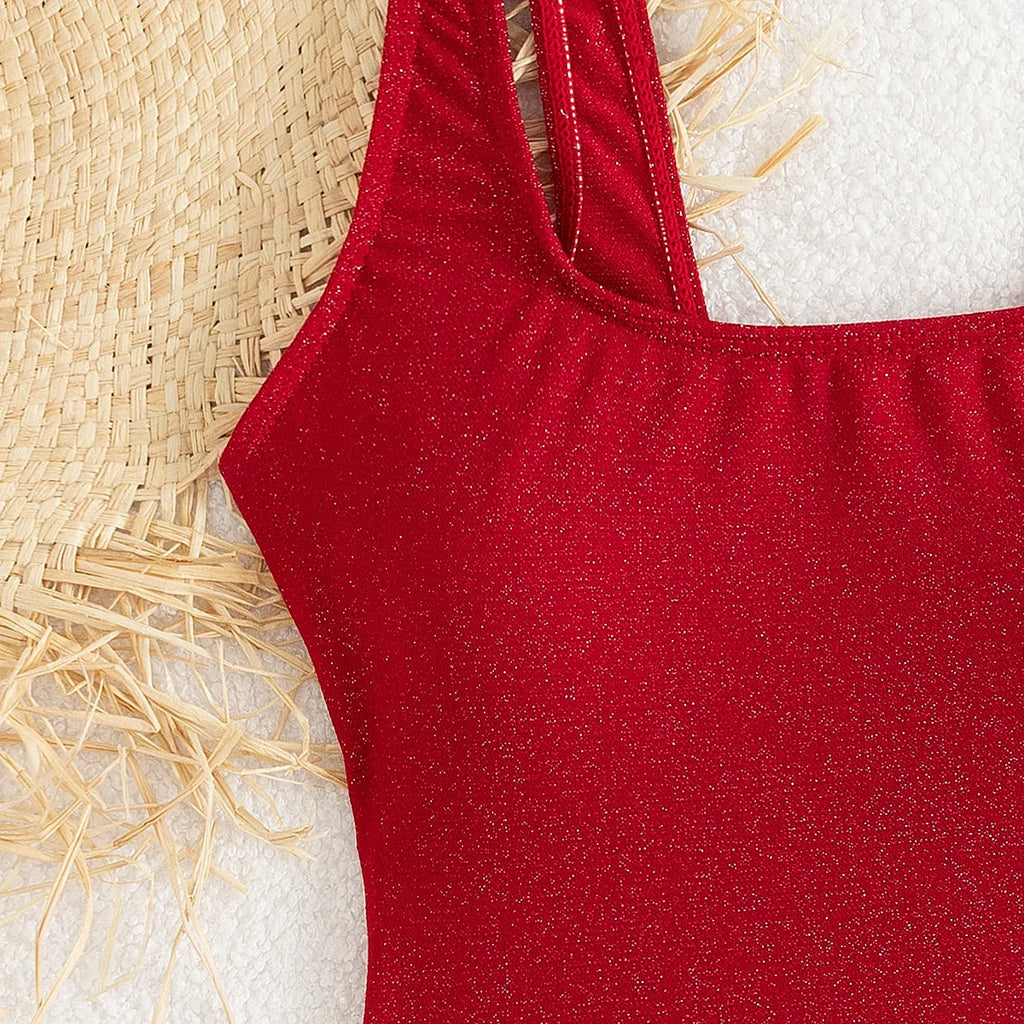 New Red Hollow Out Backless Cross Swimwear Women Sexy Shiny Tummy Control One Piece Swimsuit 2025 Beach Bathing Suits Monokini