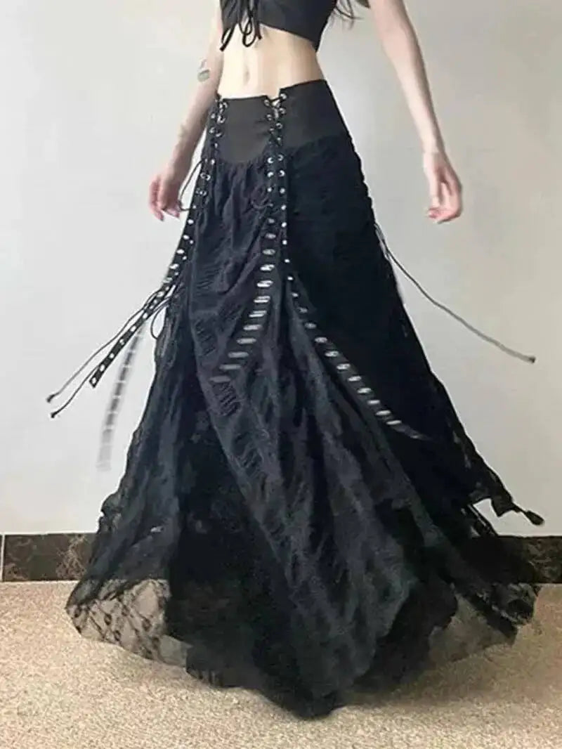 Y2K Lace Mesh Long Skirt Women Harajuku Vintage Patchwork Bandage Black Skirts Gothic Aesthetic High Waist Chic Long Skirts ODU6