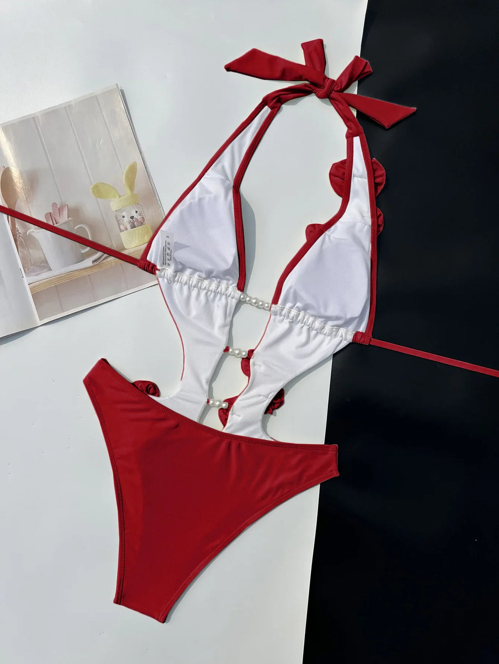 Sexy Pearls 3D Flower Deigner One Piece Swimsuit 2026 Women Beige Hollow Out Bandage Backless Bathing Suit Swimwear Monokini