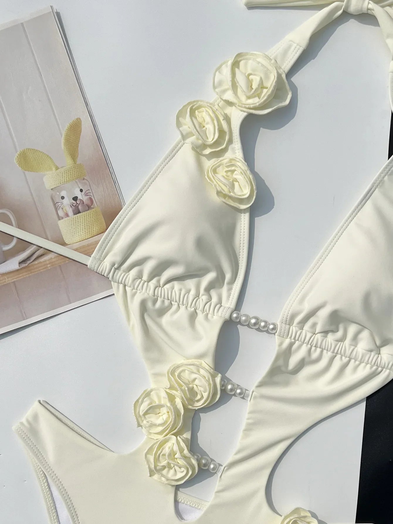 Sexy Pearls 3D Flower Deigner One Piece Swimsuit 2026 Women Beige Hollow Out Bandage Backless Bathing Suit Swimwear Monokini