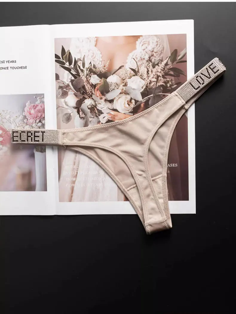 Letter Sexy Panties Women Thongs Rhinestones Diamonds G-string Sports Thong Low Waist Shorts Briefs T-back Fitness S-XL