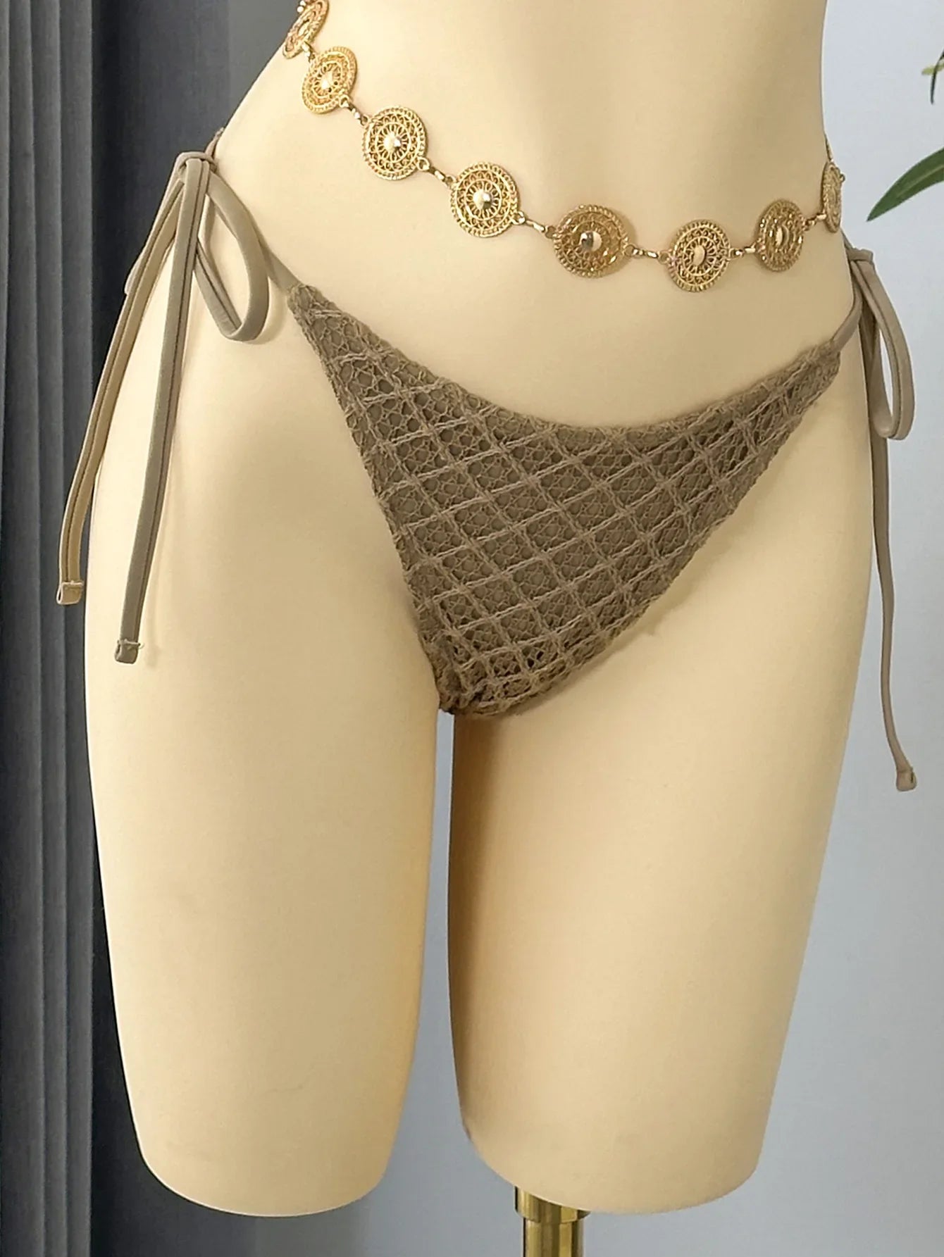 Vintage Beige Black Mesh Skirt 3 Piece Bikini Set 2026 Women Metal Chain Strap Push Up Bra Swimsuit Beach Bathing Suit Swimwear