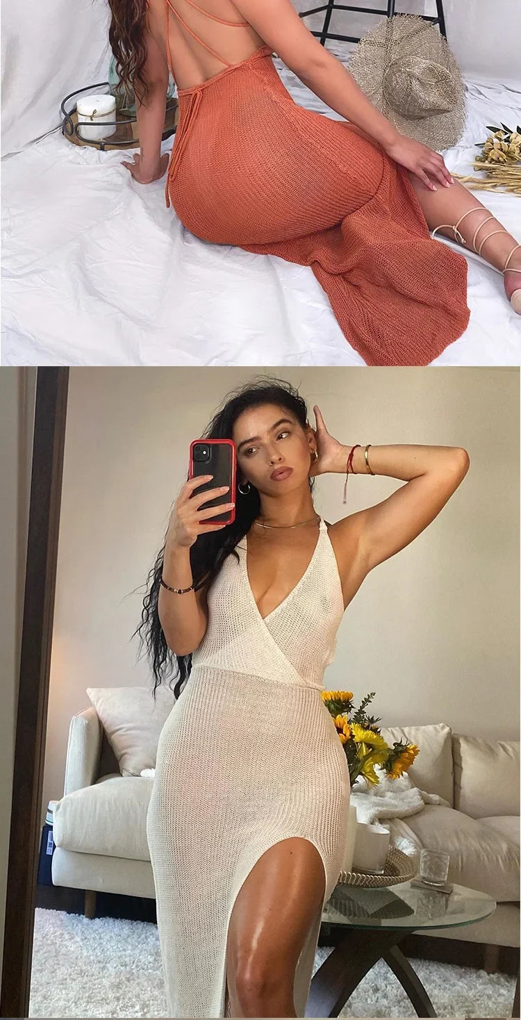 2023 New Crochet Beach Maxi Dress for Women See Through Sexy Bikini Plunge Backless Bandage Sleeveless Lacing Split Long Dresses