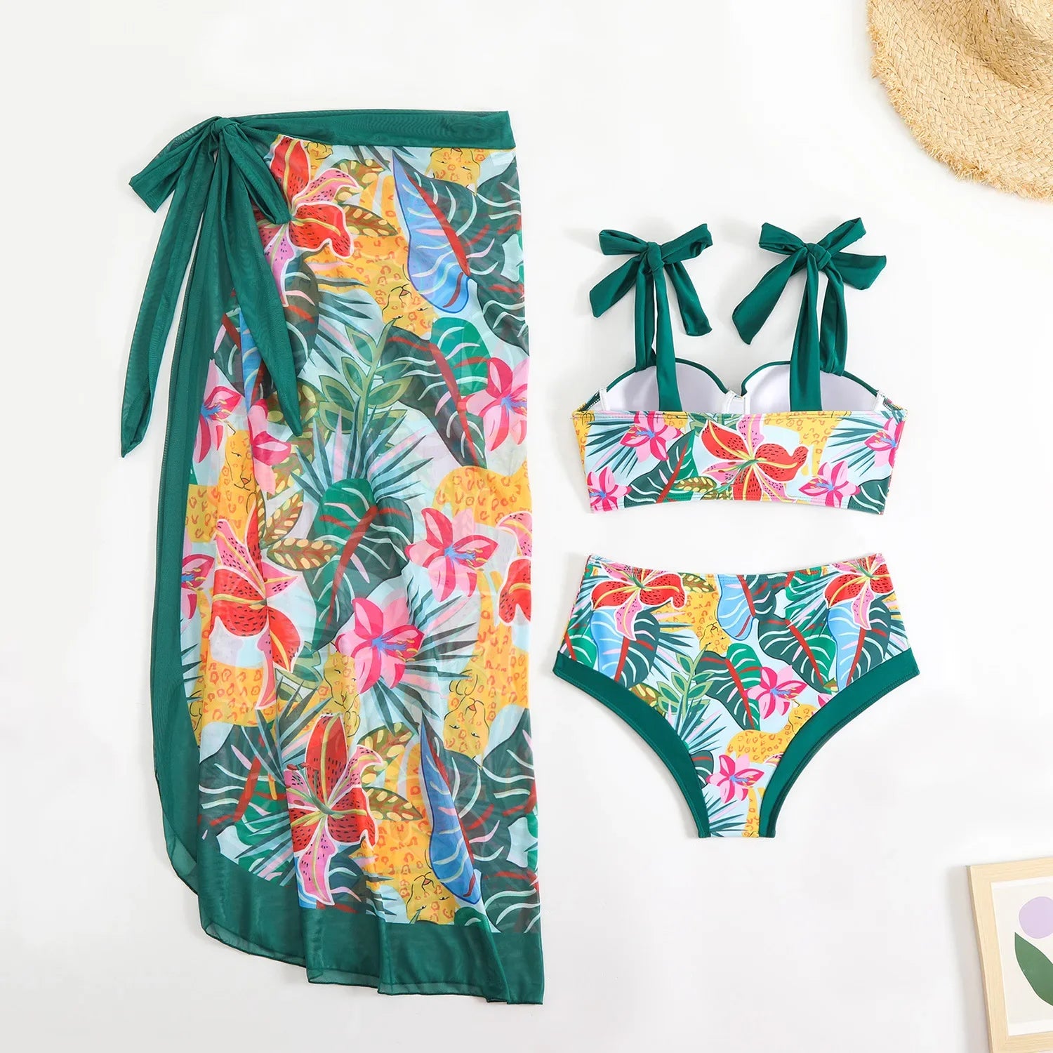Vintage Green Leaves Print Bikini Set 2026 Women Tie Strap Push Up Underwire Long Skirt 3 Piece Swimsuit Bathing Suit Swimwear