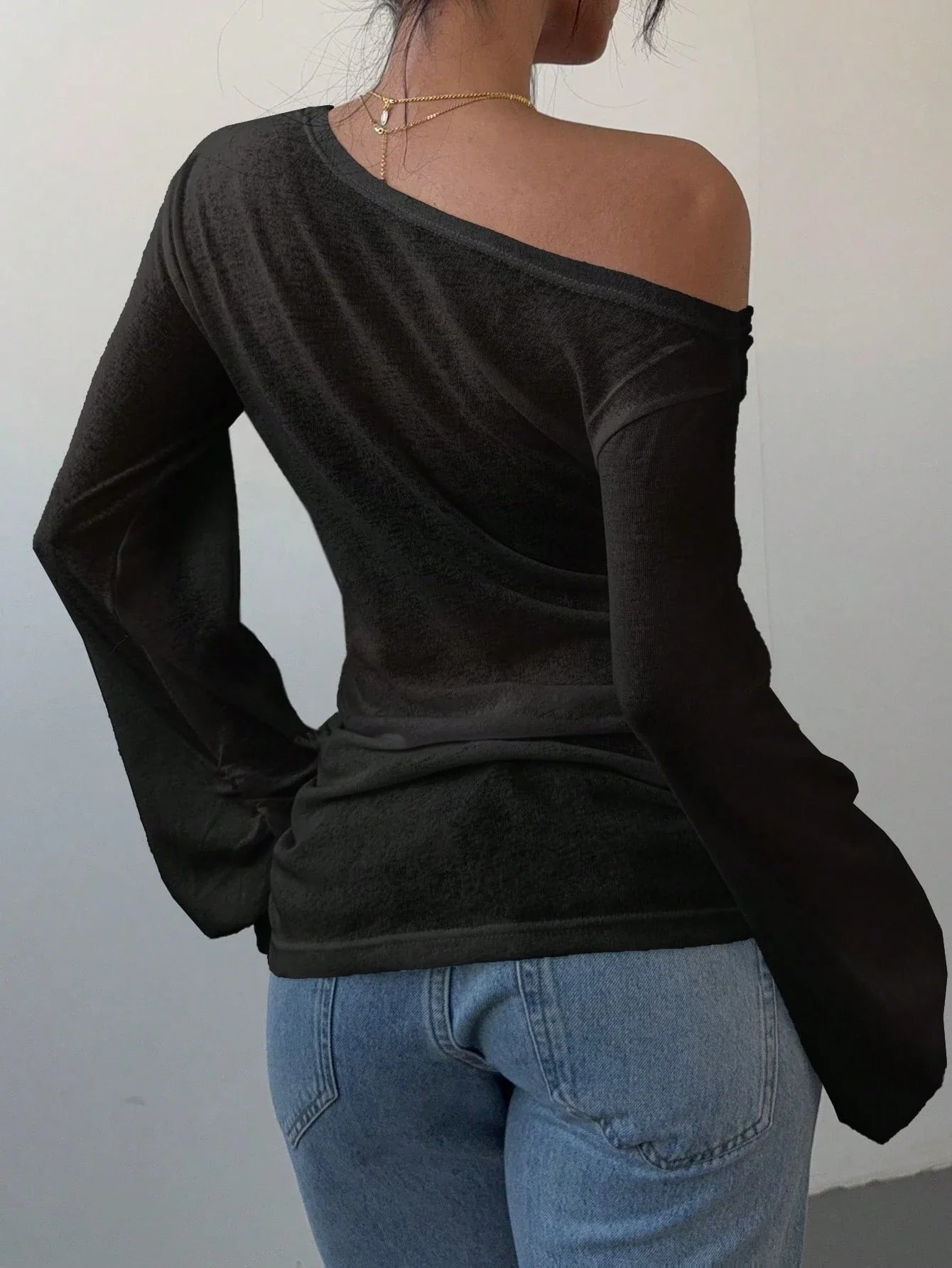 Women's Casual Solid Color Slope Collar Long Sleeved T-Shirt Loose Slouchy Style See-Through Off The Shoulder Top