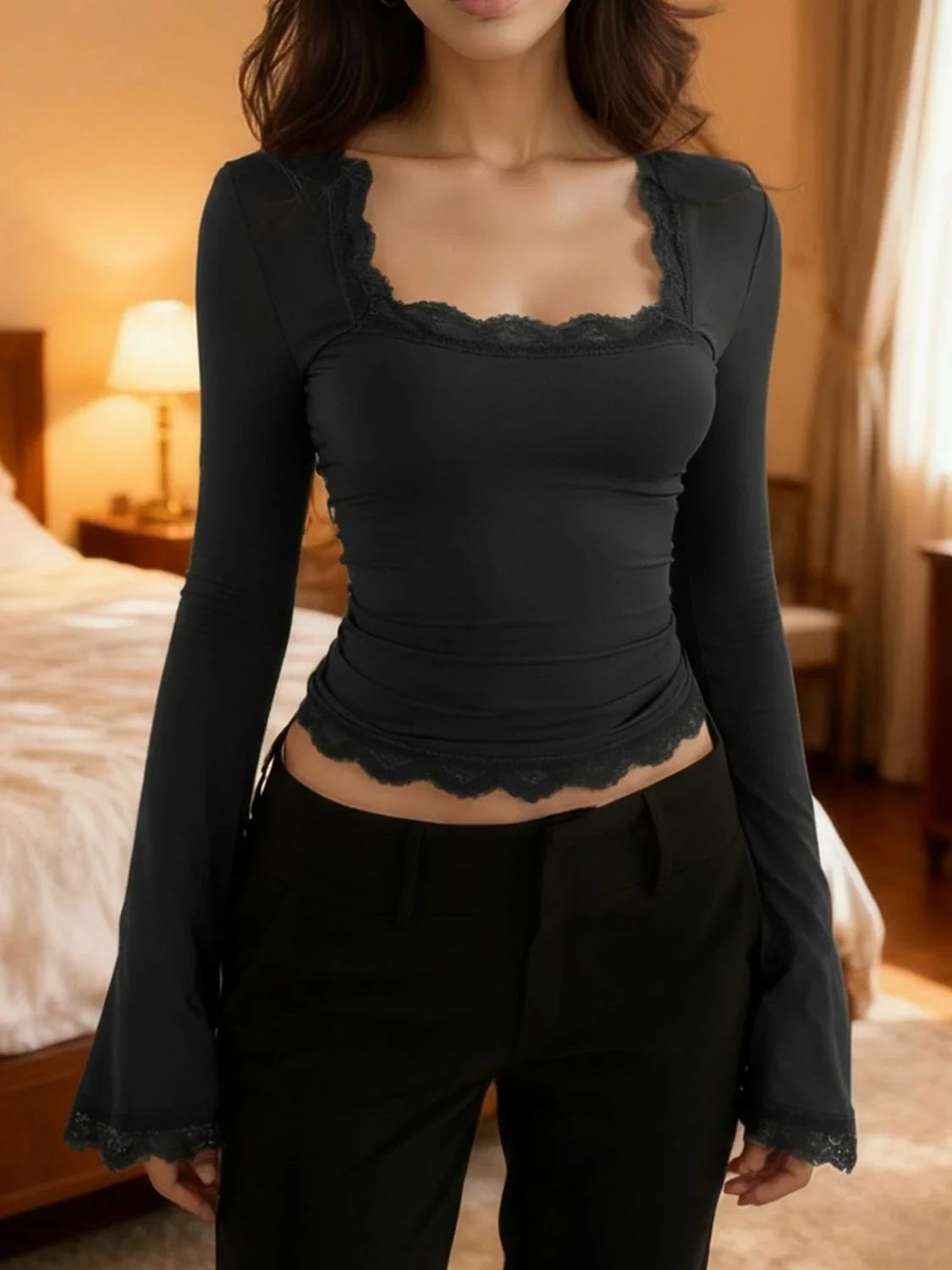 Women's Sexy Lace Patchwork Square Collar Long Sleeve T-Shirt Elegant Slim Fit Flare Sleeve Cropped Top Spring/Fall 2026