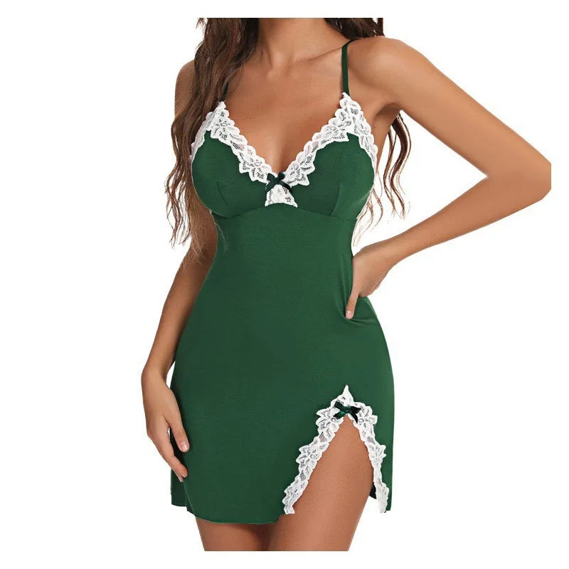 Underwear Sexy Pajamas Women Summer Lace Suspender Nightgown Slit V Bow Slim Push Up Pajamas Sleepwear Nightwear
