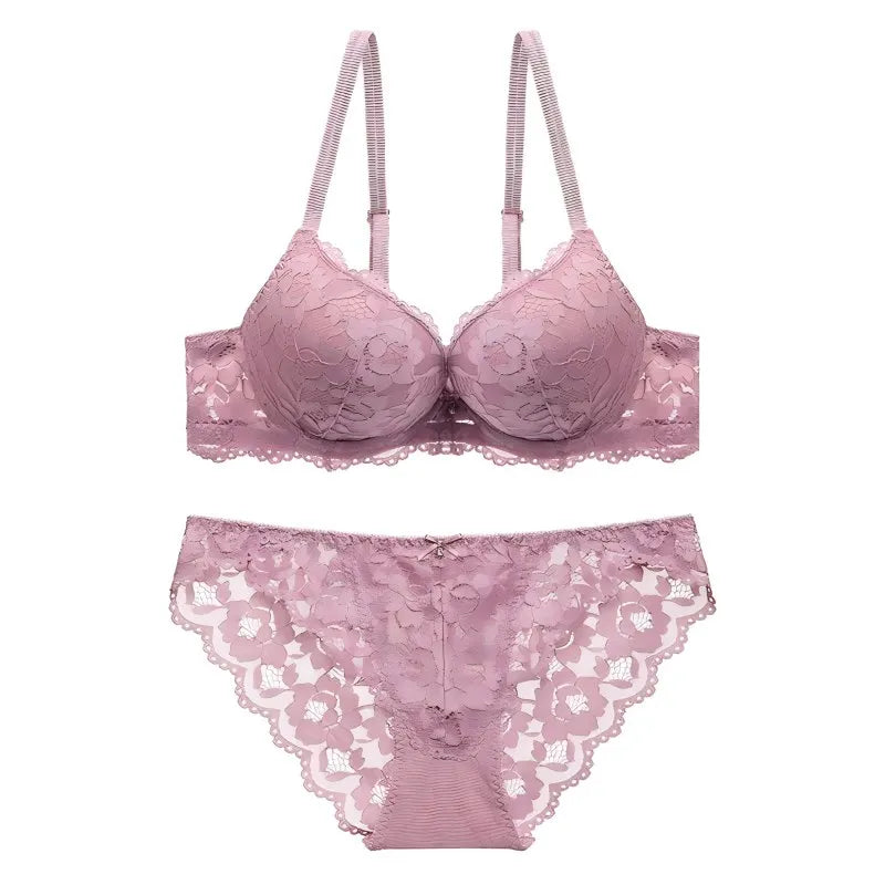Women's Underwear Set Sexy Hollow Lace Floral Bow Padded Push up Bra Suitable for Small Busts Sexy Bras and Panties