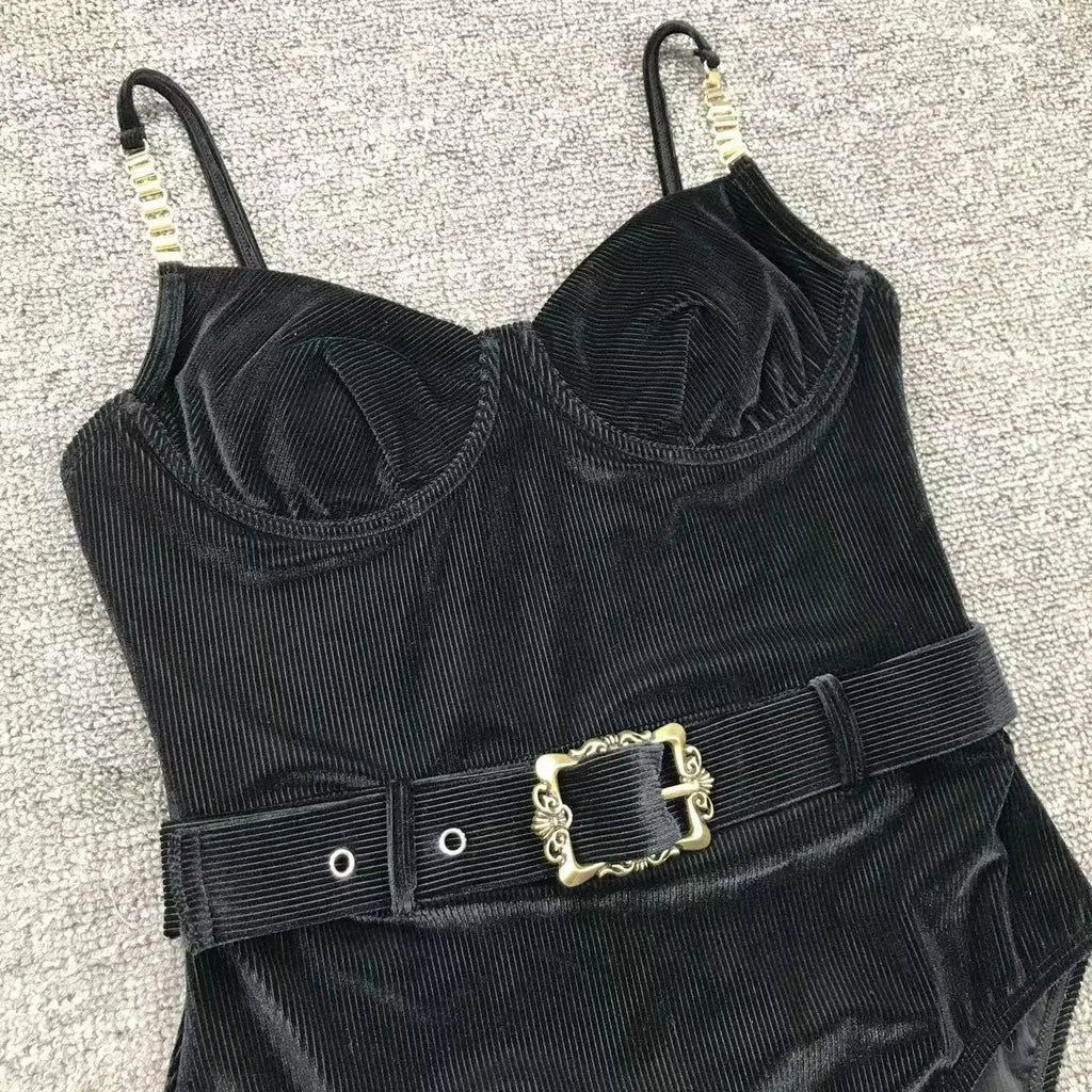 2024 New Sexy Velvet One-Piece Black Bikini Belt Swimsuit Women Solid Push Up Swimwear Female Brazilian Beach Bathing Suit