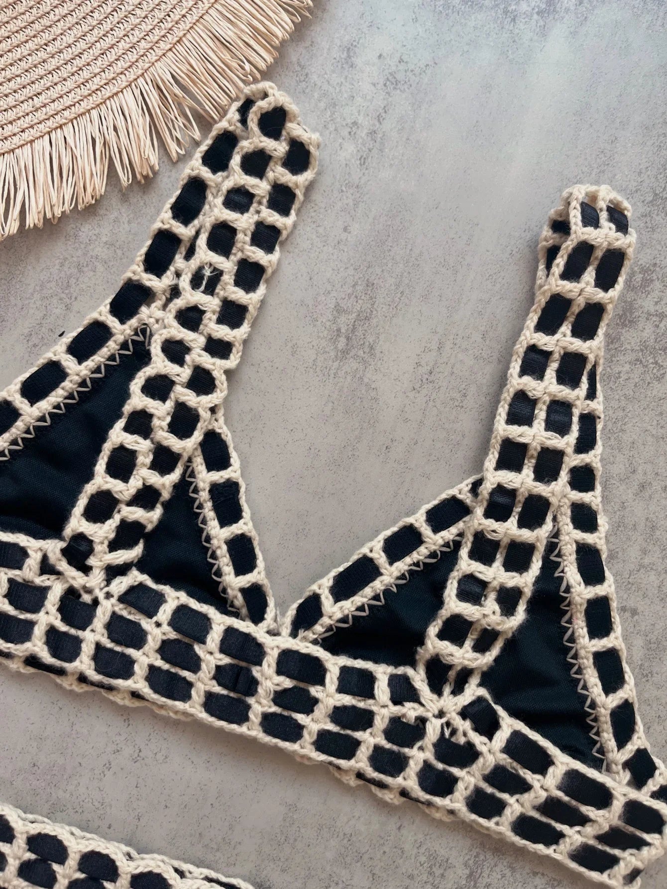 Sexy Black Patchwork Hand Crochet Bikini Set Women 2026 V Neck Push Up Bra Thong Swimsuit Beach Bathing Suit Knitted Swimwear
