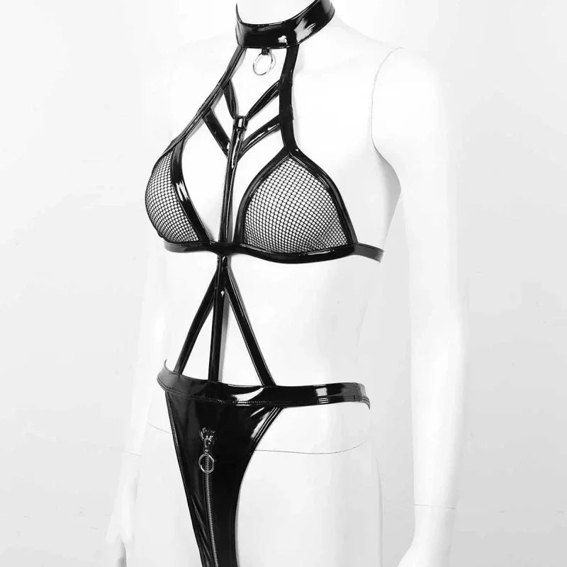 Plus Size Balck Bandage PU Latex Leather Mesh Bodysuit Exotic Teddies Zipper Crotch Catsuit 2XL Costumes Women Sexy Lingerie
