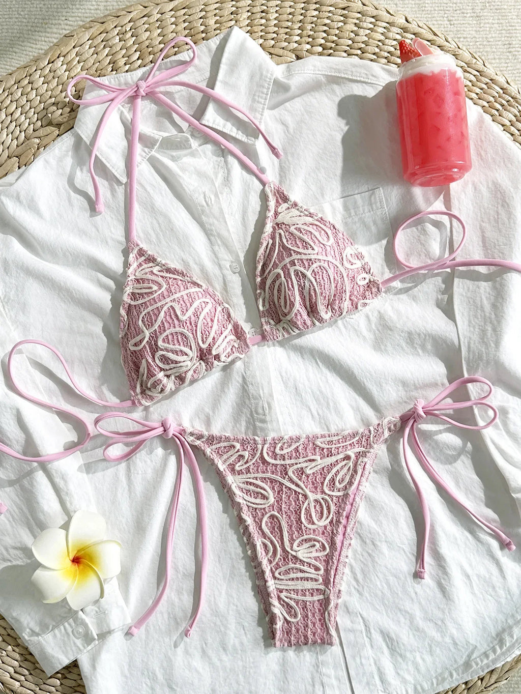Sexy Pink Lace Micro Bikini 2026 Women Brazilian Push Up Bra Tie Side Thong Swimsuit Beach Holiday Bathing Suit 2 Piece Swimwear
