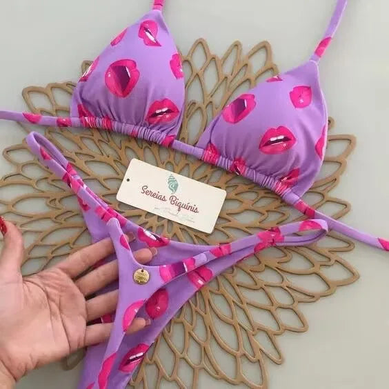 2026 Swimwear Women Cute  Cherry Print Brazilian Thong Bikini Set Sexy Thong Swimsuit Two Pieces Bathing Suit Women Beach Wear