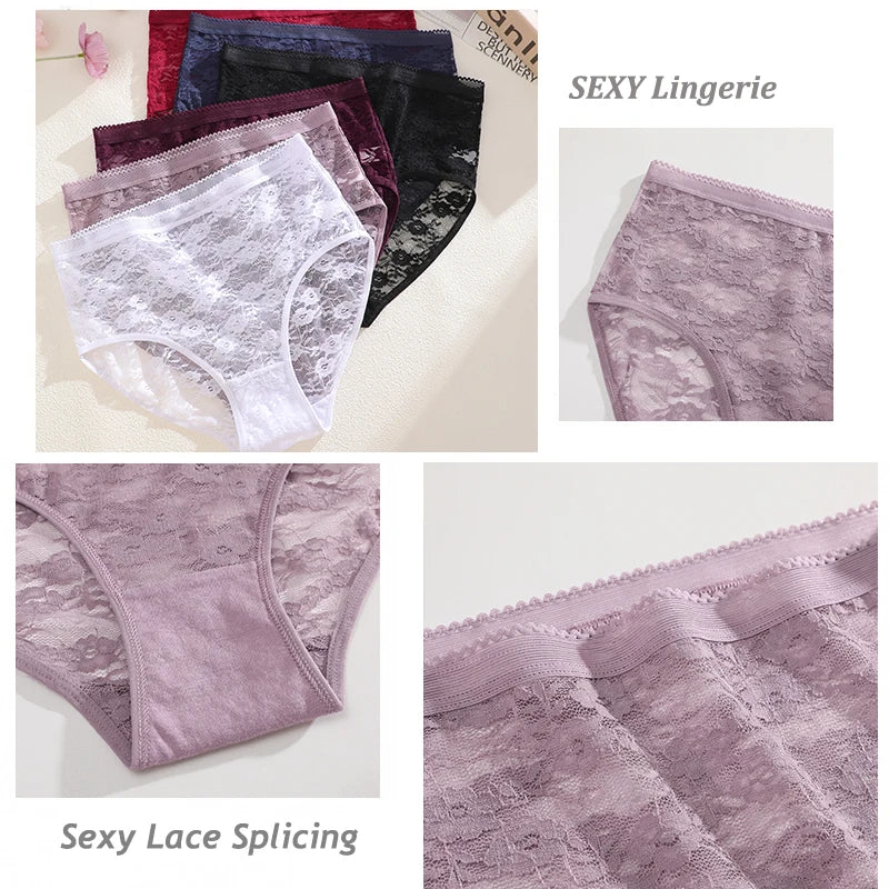 FINETOO 3PCS Women Lace Panties Sexy Hollow Underpants Sexy High Waist Lace Panty Elegant& Romantic Ladies Breathable Underwear