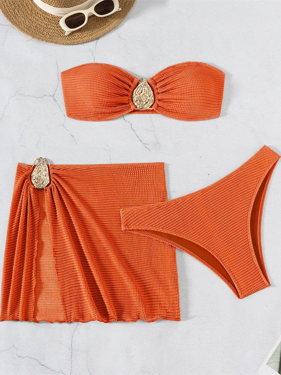 Sexy Bandeau Bikini Women Coffee Metal Water Droplet Ornament Push Up Mesh Skirt 3 Piece Swimsuit Beach Bathing Suit Swimwear